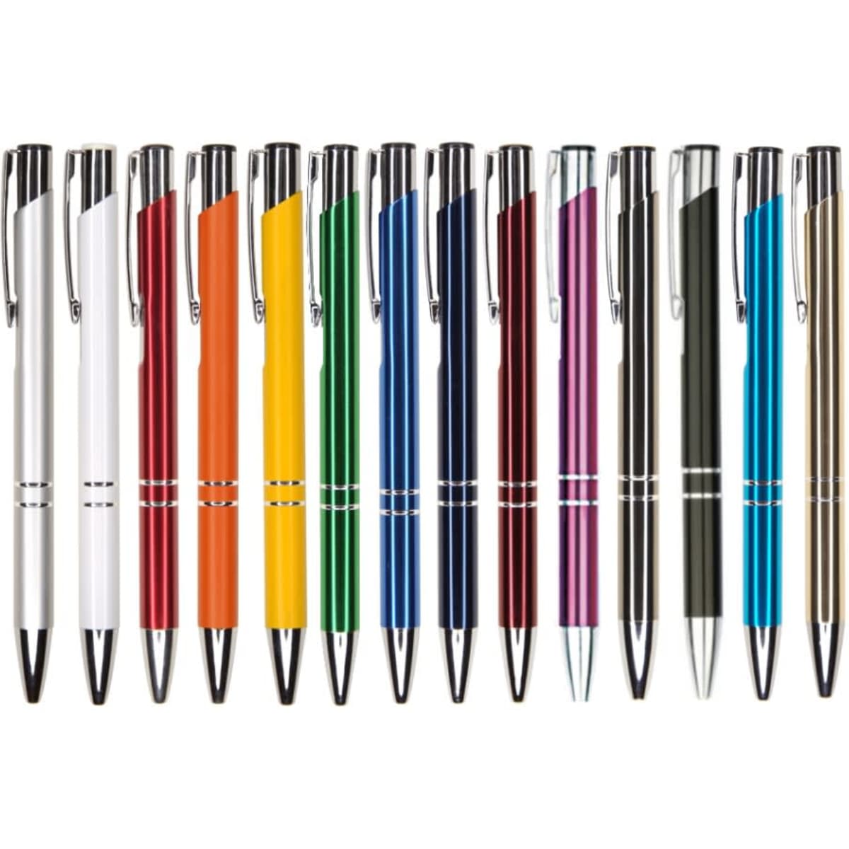 A collection of metal pens in various colours, including silver, white, red, orange, yellow, green, blue, purple, and black, with branding.