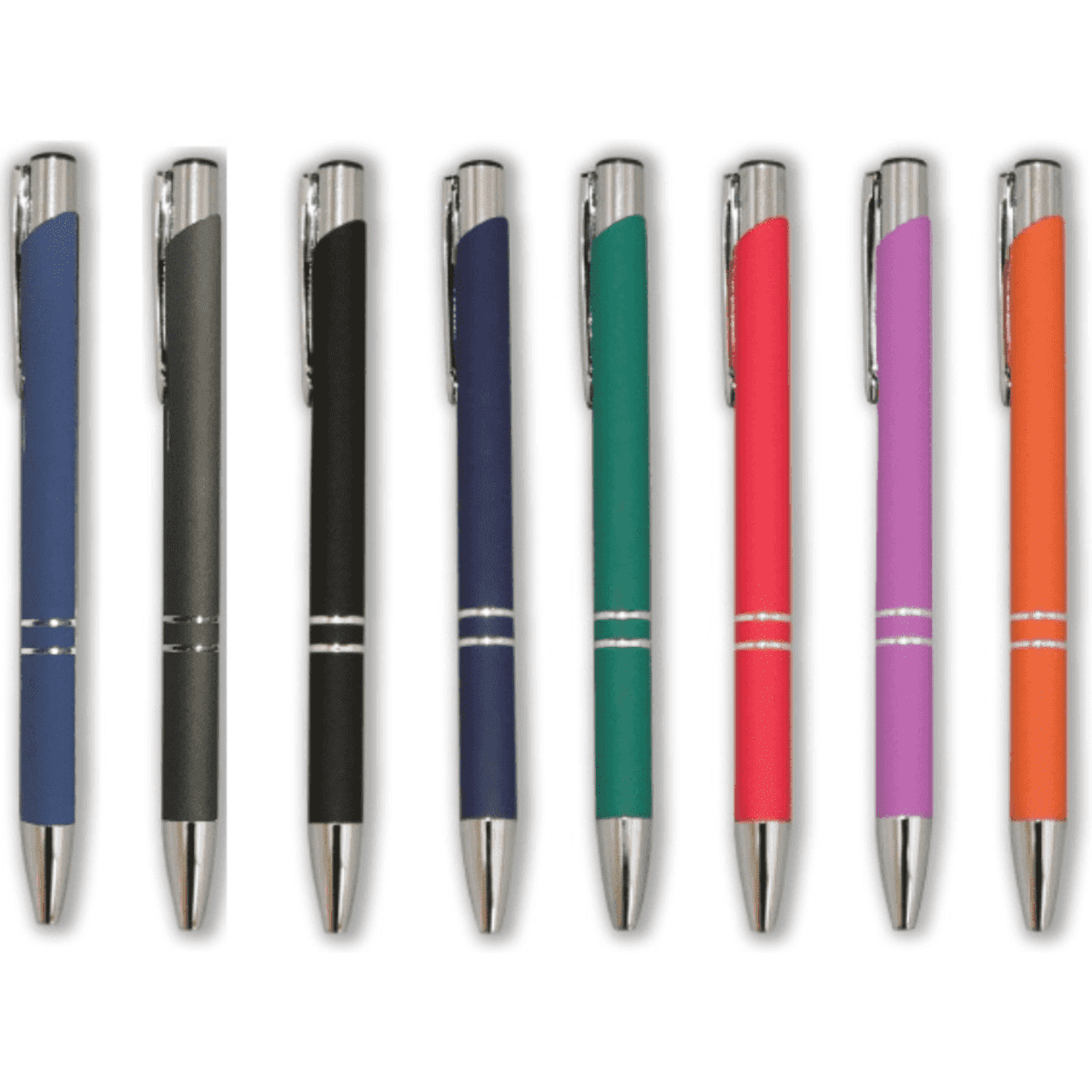 A selection of eight metal pens in various colours including blue, black, green, red, purple, and orange, featuring metallic accents.