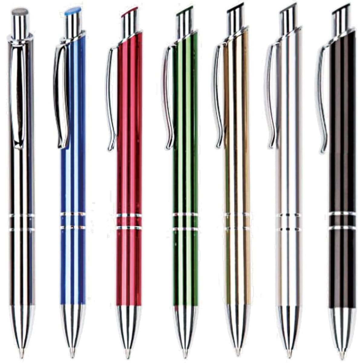 A collection of seven metal pens in blue, red, green, gold, silver, and black, featuring a branding logo on each.