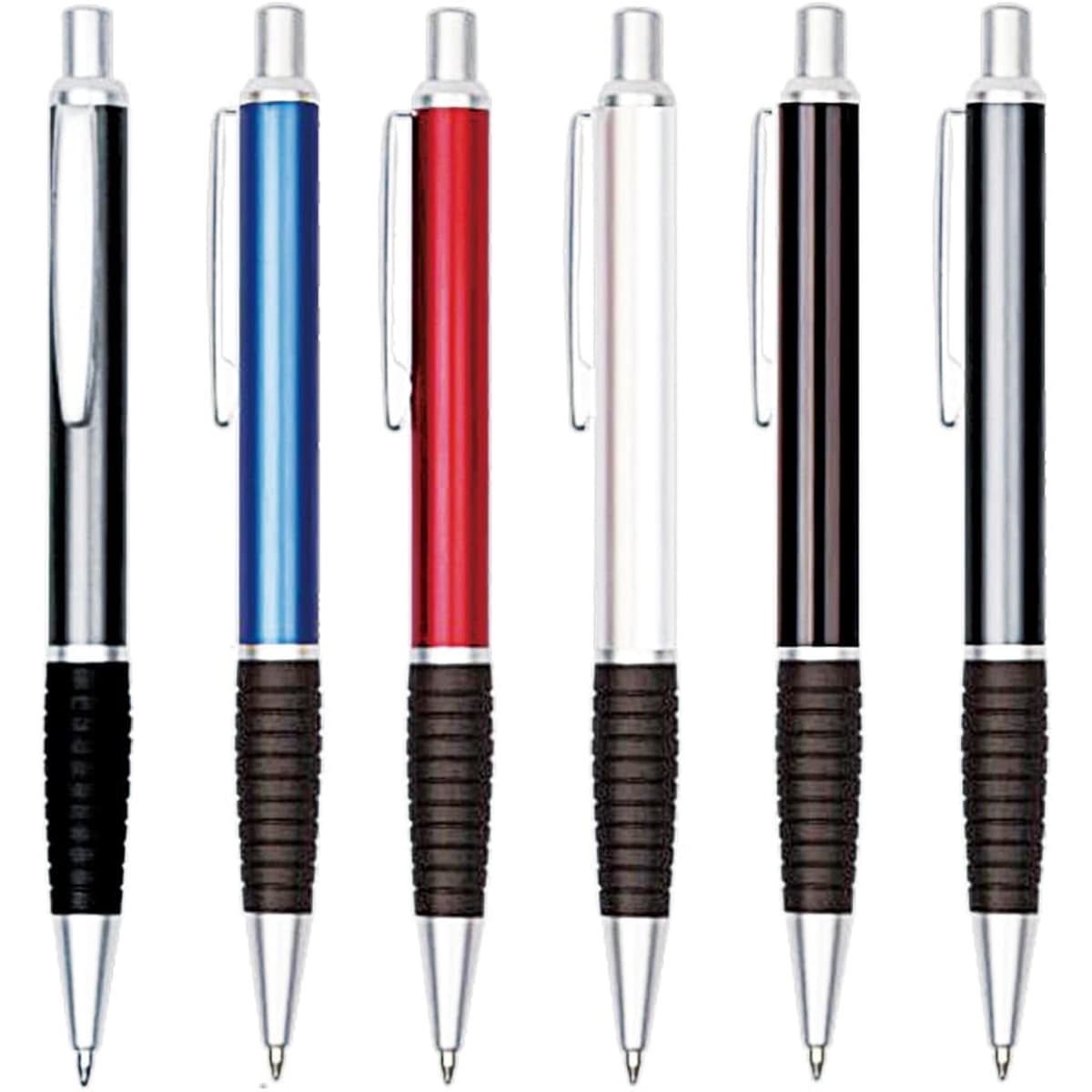 A collection of metal pens in blue, red, white, black, and silver with rubber grips and a logo.