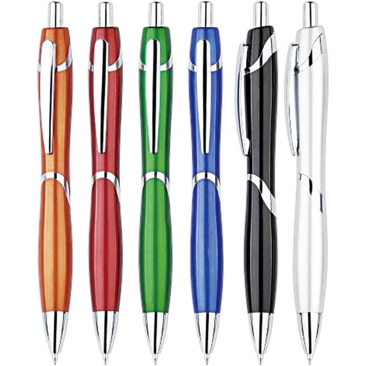 A set of six plastic pens in orange, red, green, black, blue, and silver, featuring curved designs and clips.