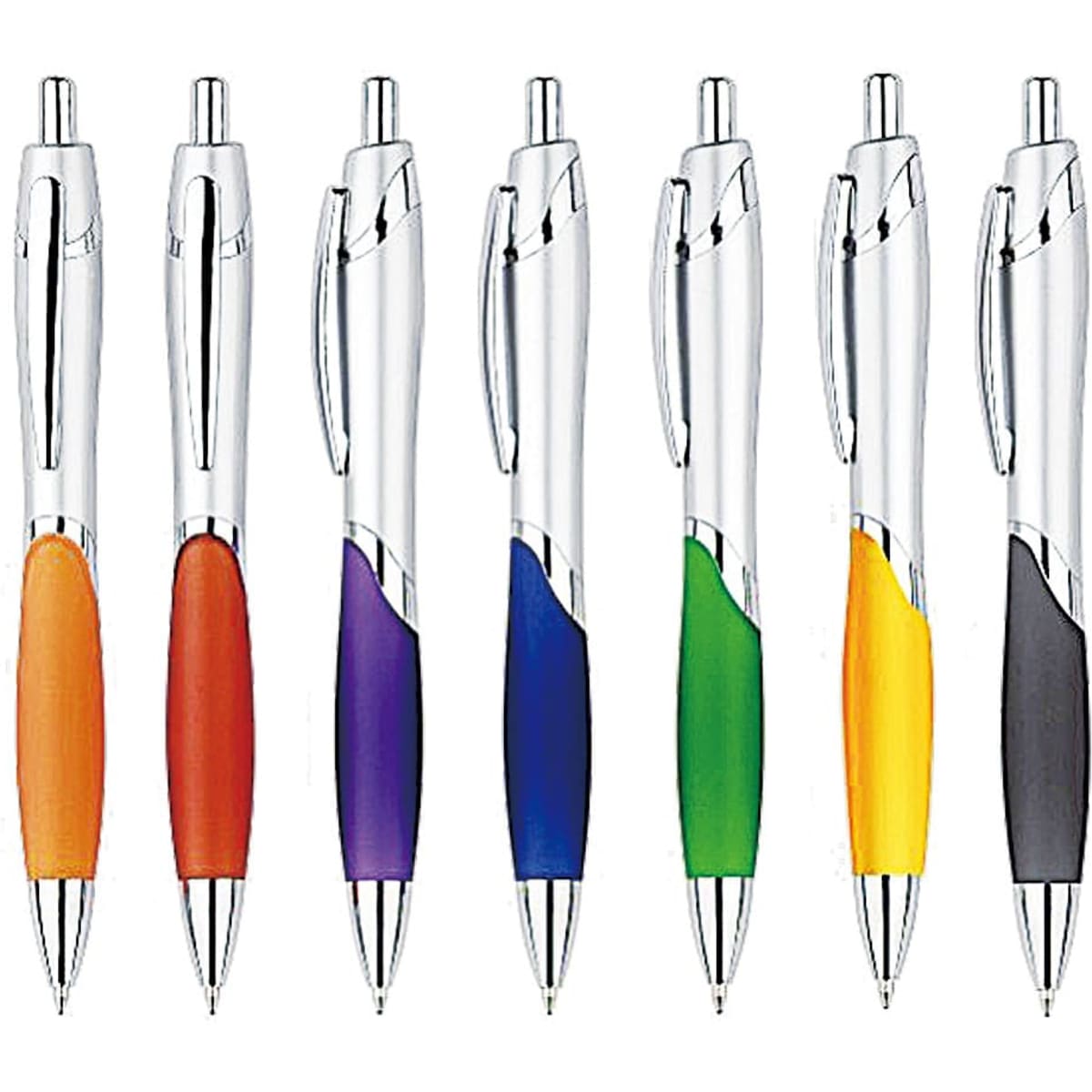 A collection of Circinus pens in orange, purple, green, black, yellow, and red with a silver clip and branding.