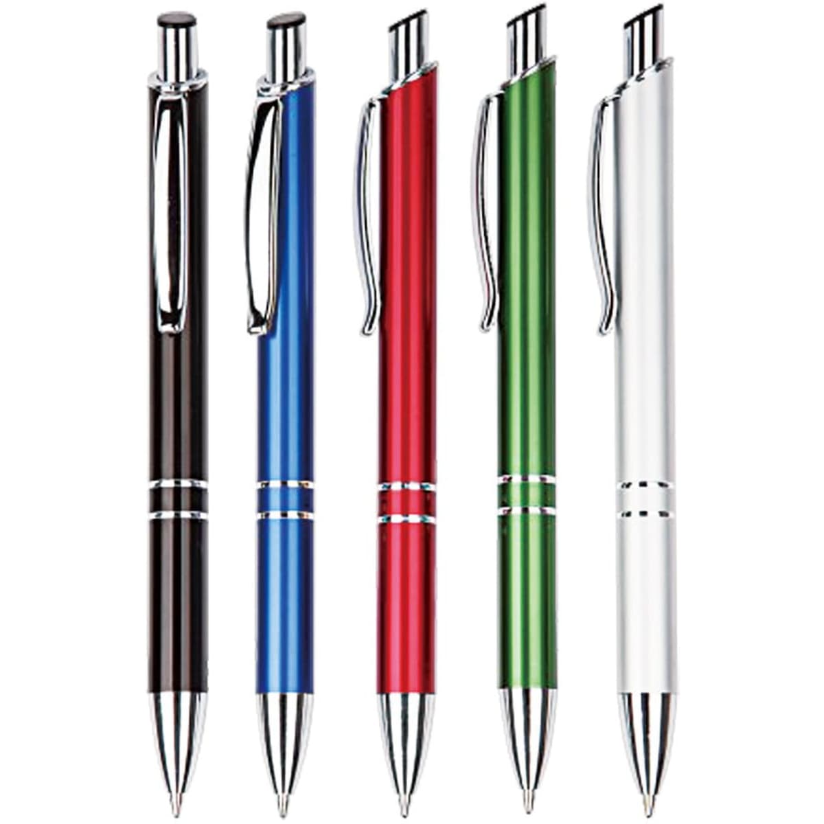 A set of five Columba pens in black, blue, red, green, and silver, featuring a shiny finish and a clip.