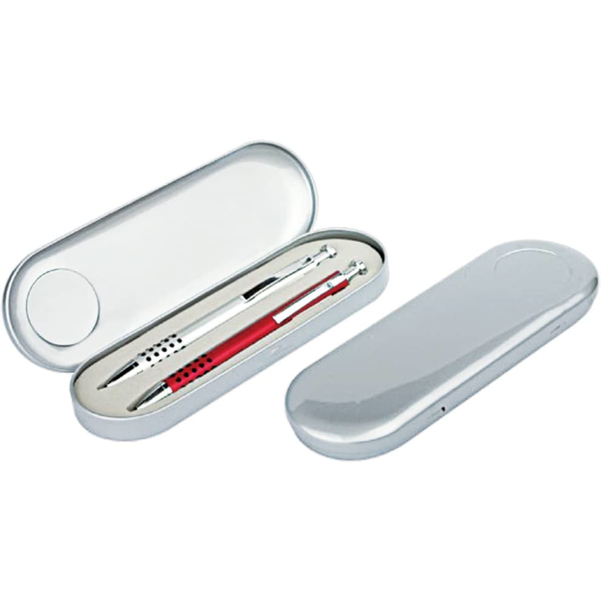 A silver case containing a red and silver pen and a stylus, featuring a logo on the case.