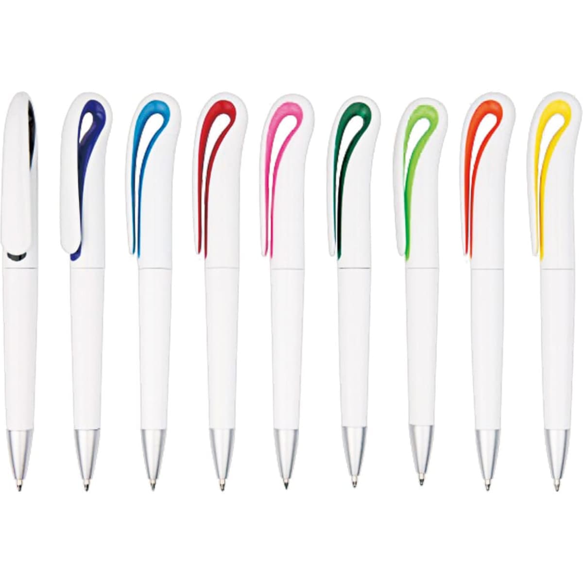 A row of ten plastic pens in white with colourful clip designs in blue, red, pink, green, and yellow. Each pen has a logo.