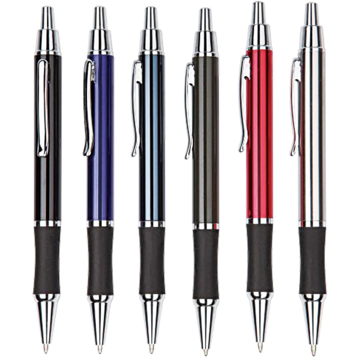 A set of six metal pens in black, blue, red, and silver, featuring a textured grip and clip.