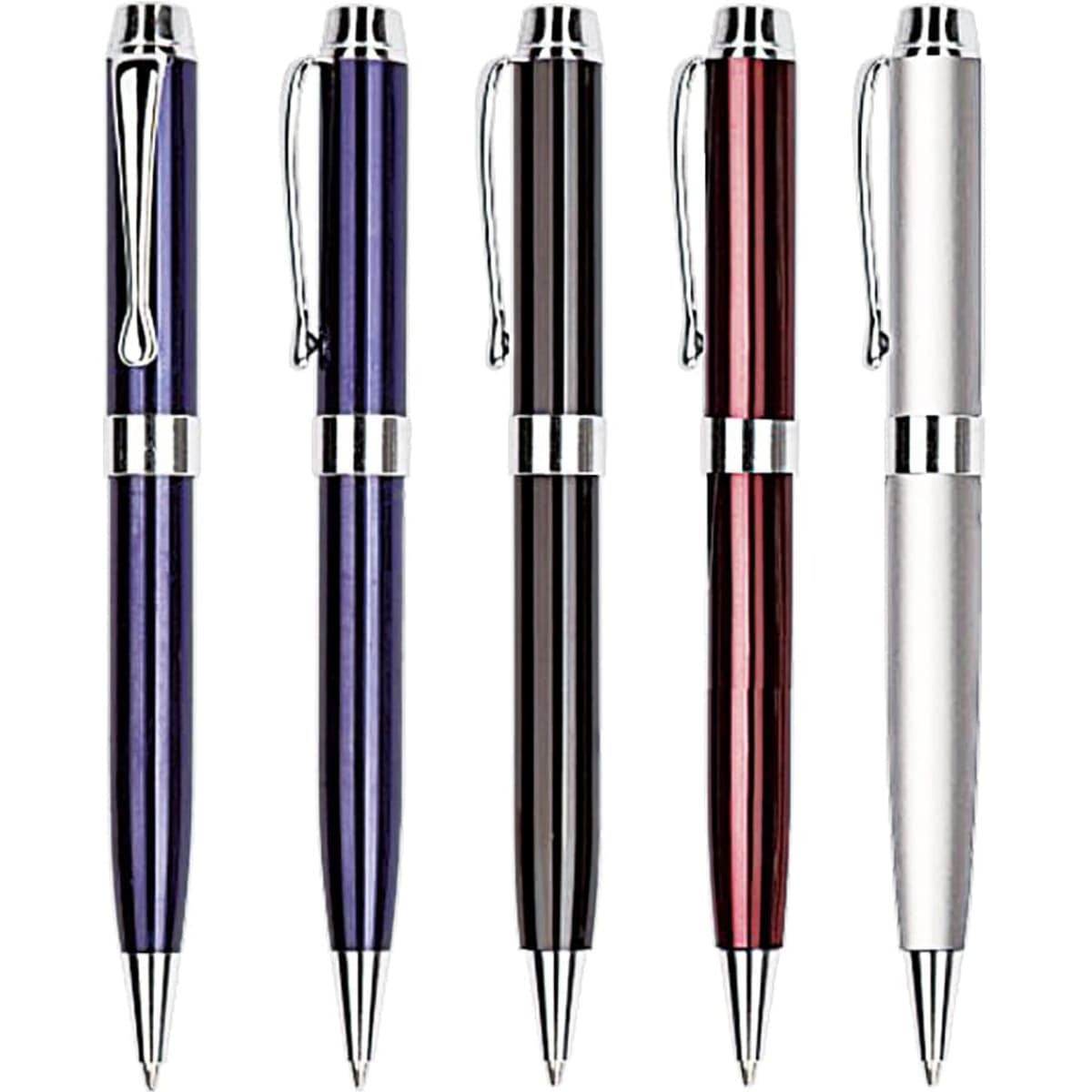 A collection of four metal pens in purple, black, red, and silver, featuring sleek designs and clips.