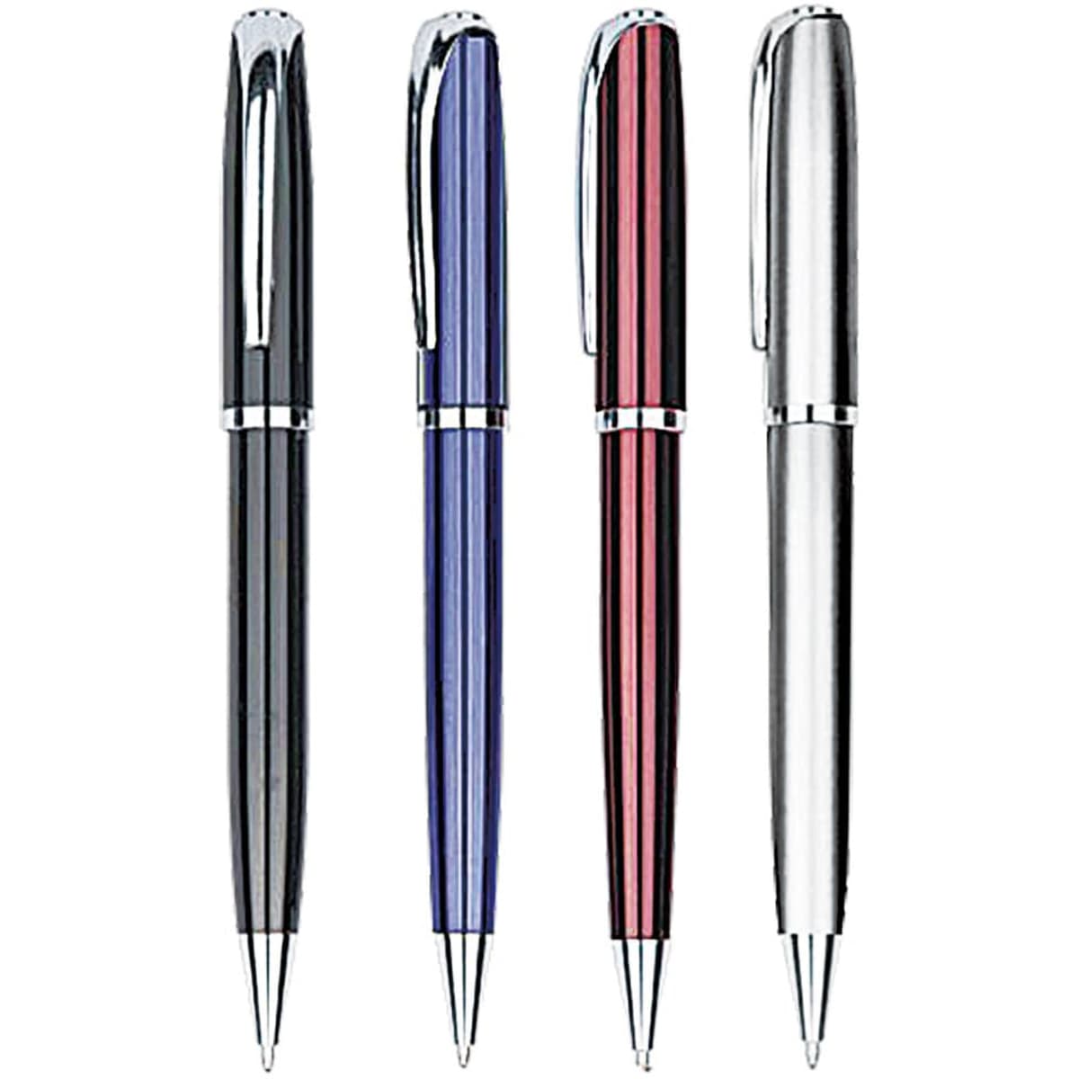 A collection of Eridanus metal pens in black, blue, red, and silver, featuring polished finishes and clip designs.