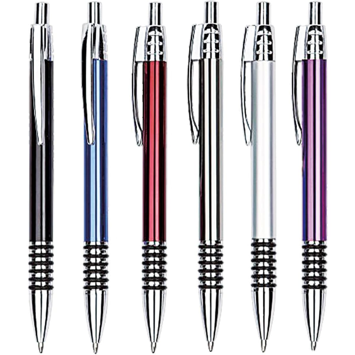 A selection of six metal pens in black, red, silver, and purple with chrome accents and spiral grips.