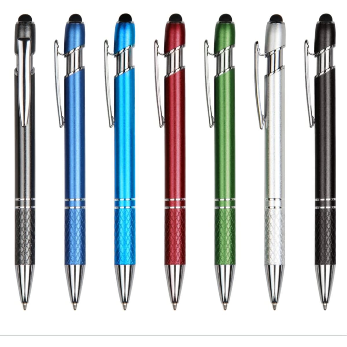 A collection of seven aluminium pens in blue, red, green, silver, black, and graphite, featuring a logo on each.