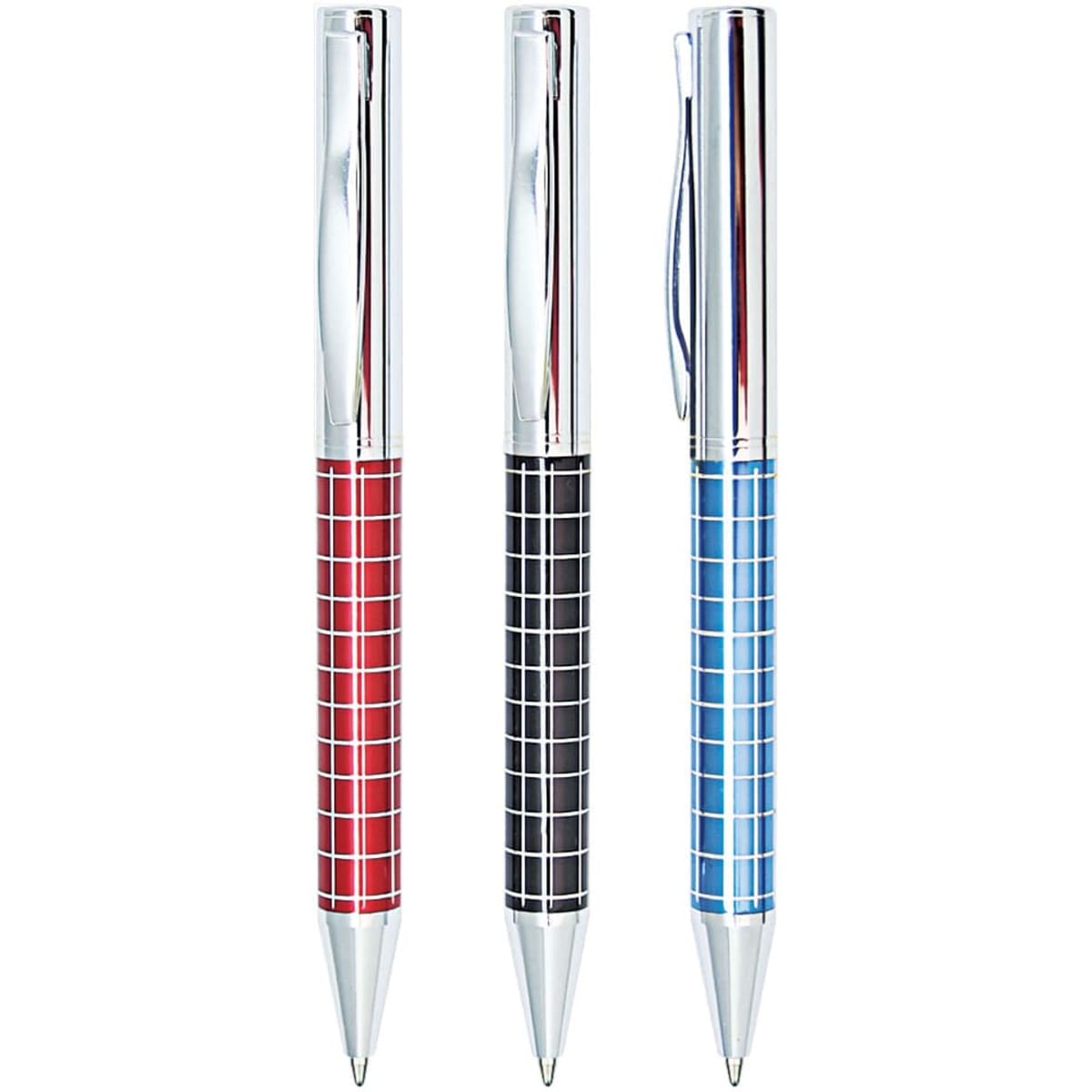 A set of three Horologium metal pens in red, black, and blue, featuring chrome accents and a checkered design.