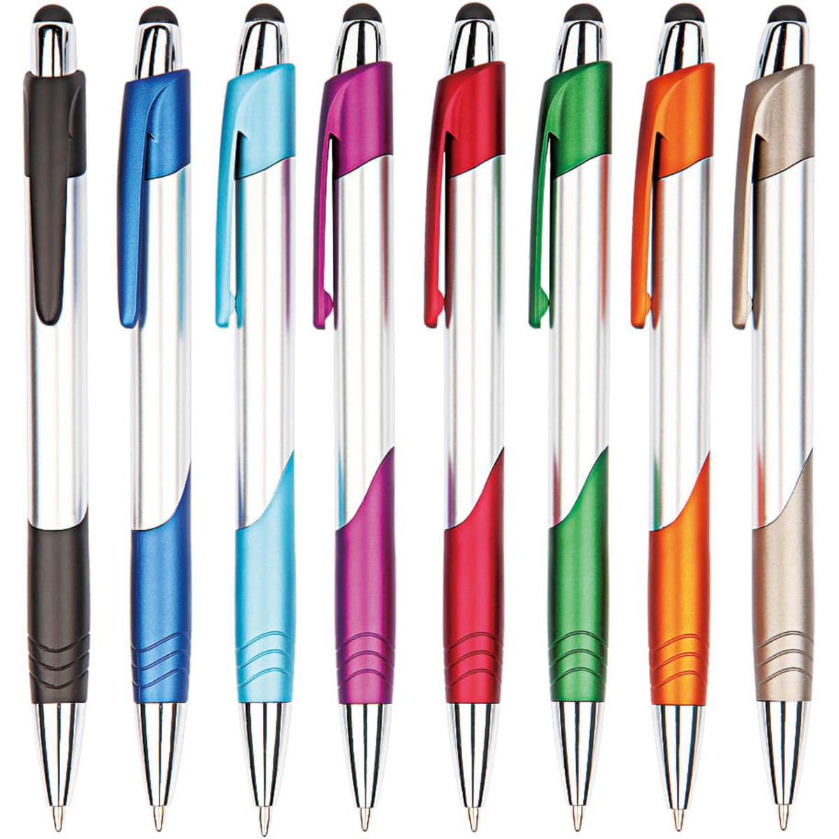 A set of stylus pens in various colours: black, blue, light blue, purple, red, green, orange, and silver.