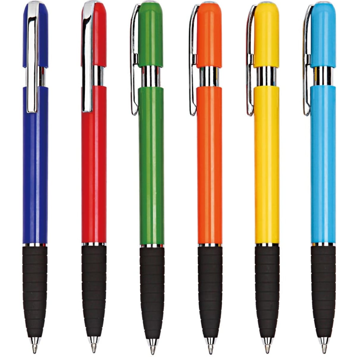 A set of six plastic pens in blue, red, green, orange, yellow, and black, featuring rubberised grips and metallic accents.
