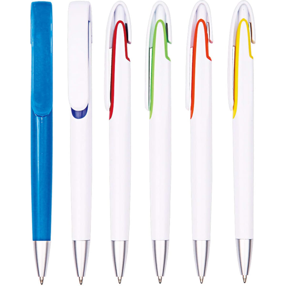 A set of six plastic pens in white with assorted clip colours: blue, red, green, orange, and yellow.