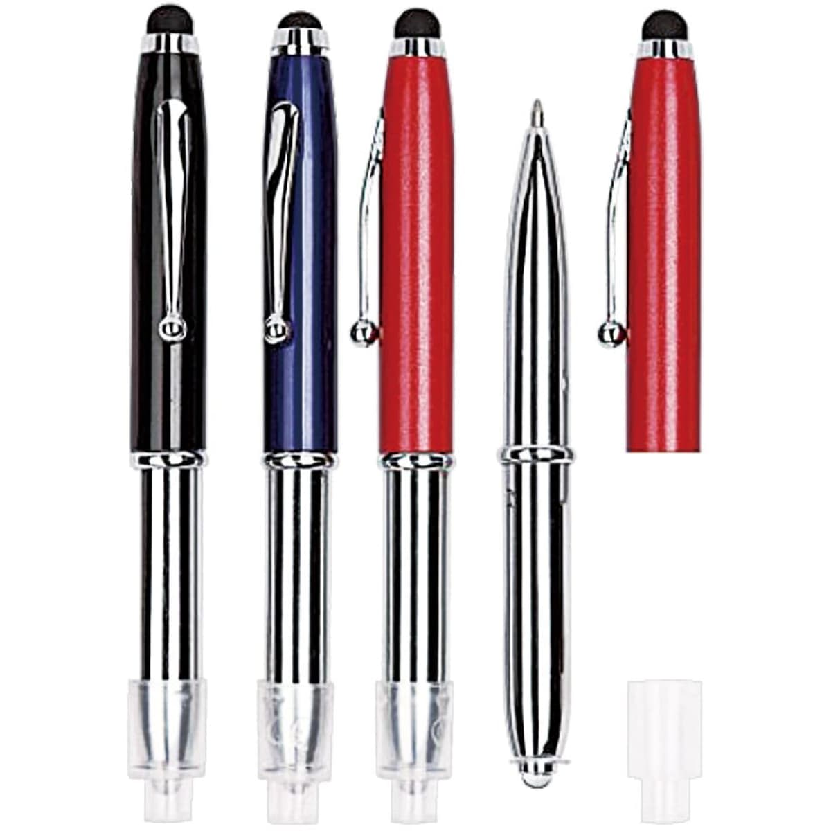 A selection of metal pens in black, blue, red, and silver, featuring a glossy finish and touchscreen stylus tips.