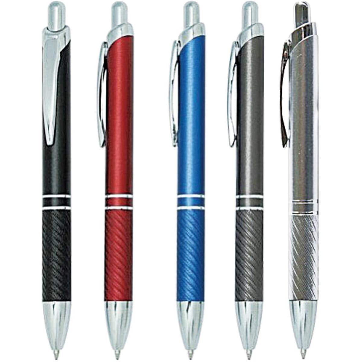 A collection of metal pens in black, red, blue, grey, and silver, each featuring a clip and a logo.