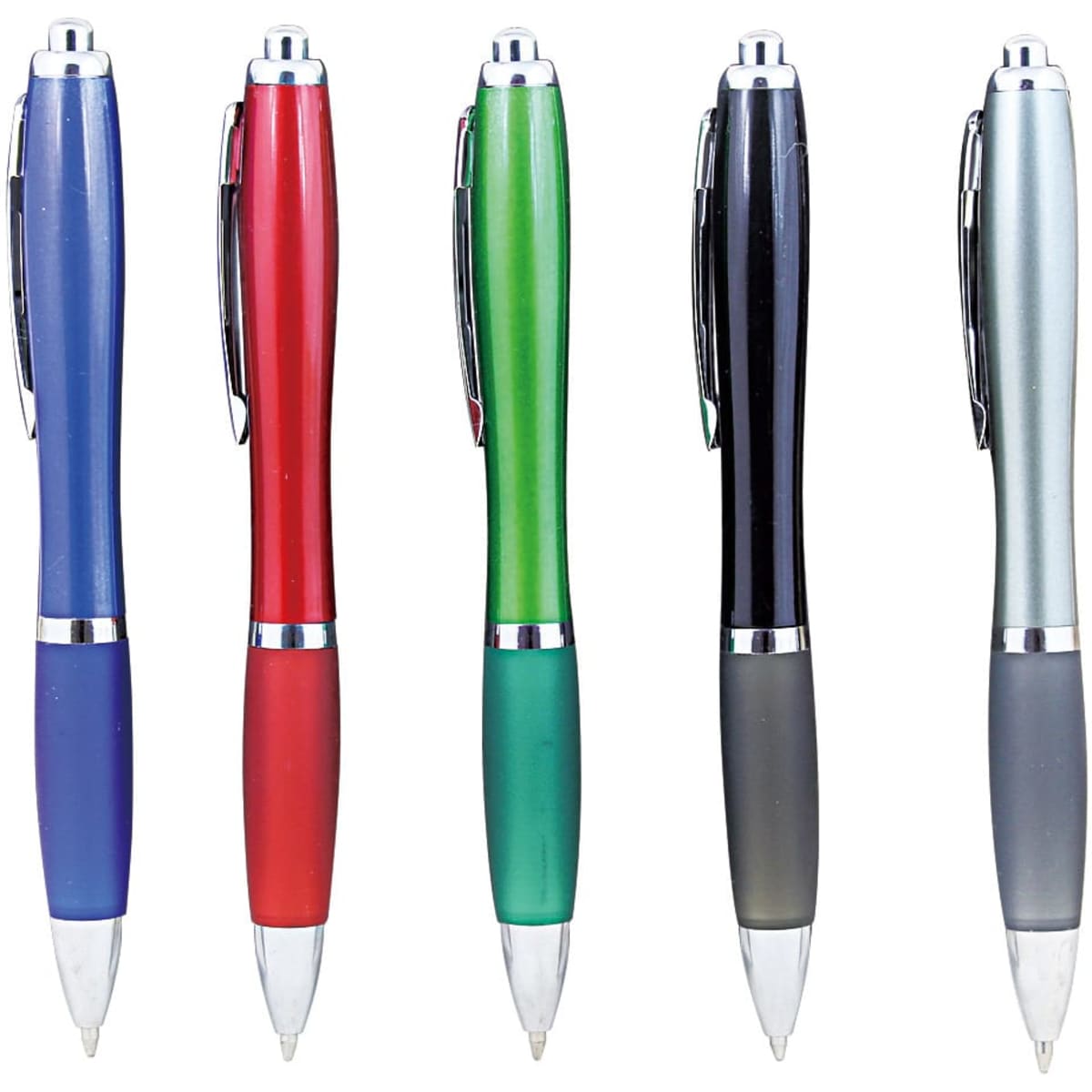 A collection of plastic pens in blue, red, green, black, and silver with a sleek design and a logo on each.