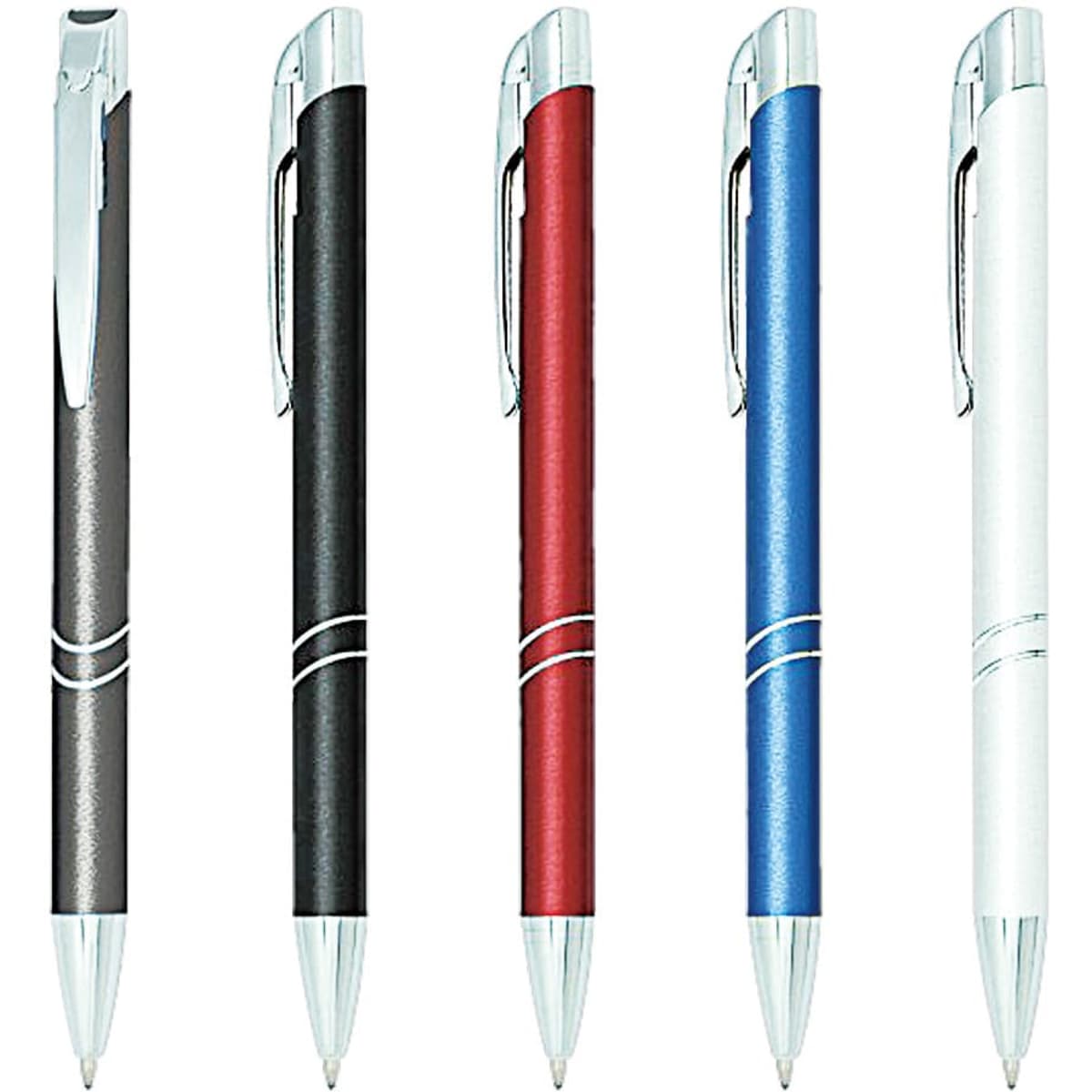 A collection of metal pens in black, red, blue, silver, and grey, featuring a logo on the barrel.