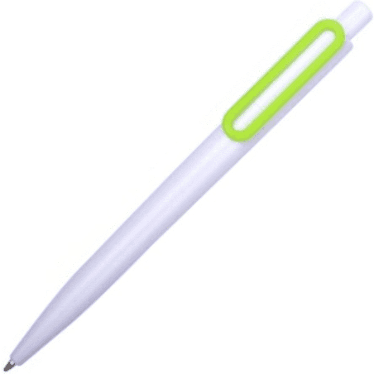 A plastic pen in white with a bright green accent and a logo.