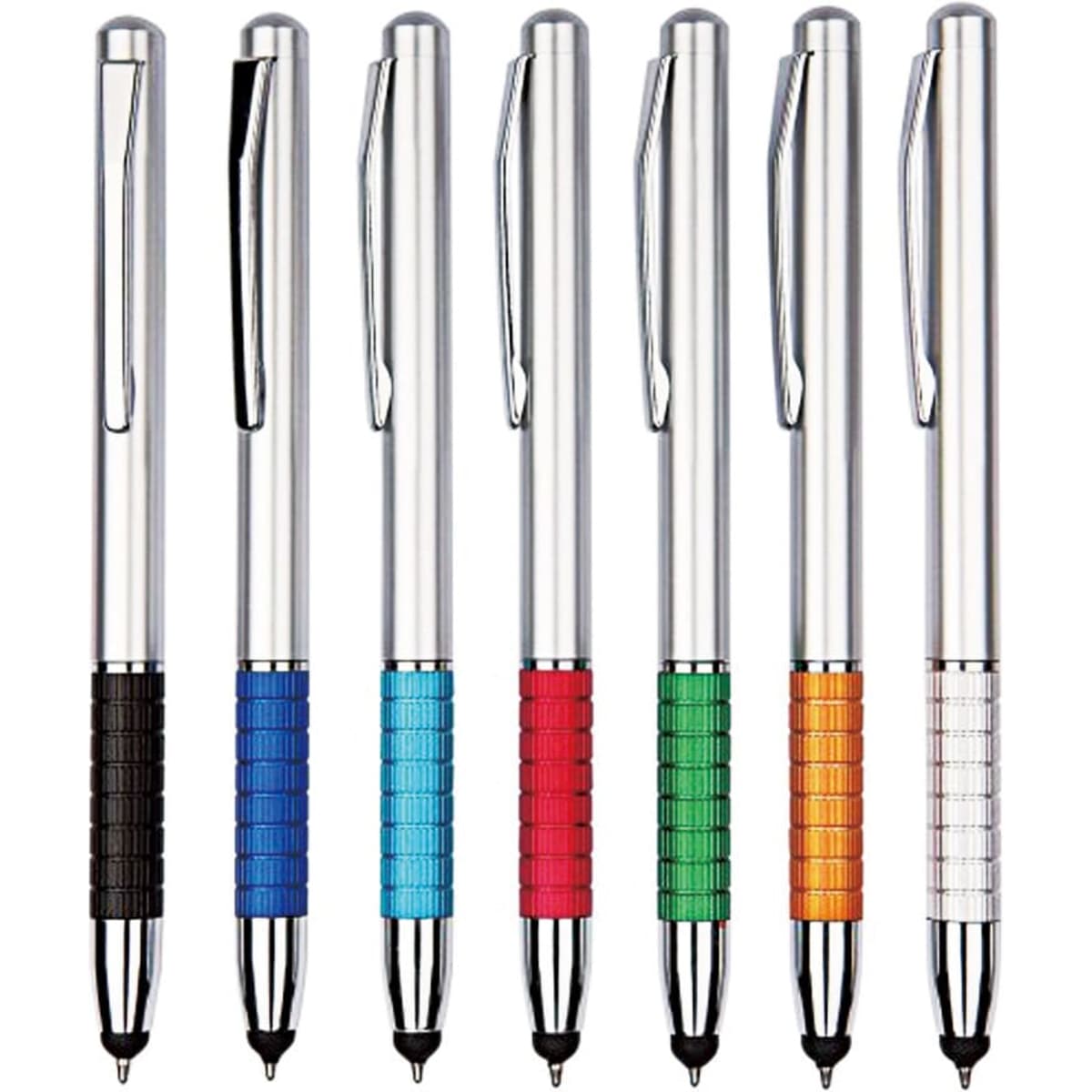 A collection of seven stylus pens in various colours, featuring silver bodies and textured grips. Each pen has a clip and a logo.
