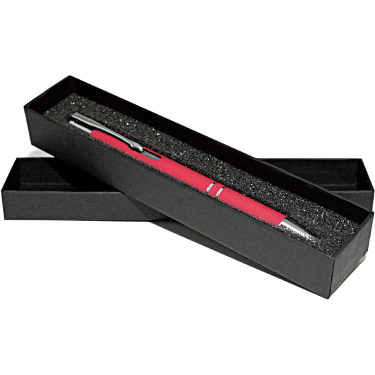 A red pen presented in a sleek black box with a foam insert for protection, featuring a logo on the box.