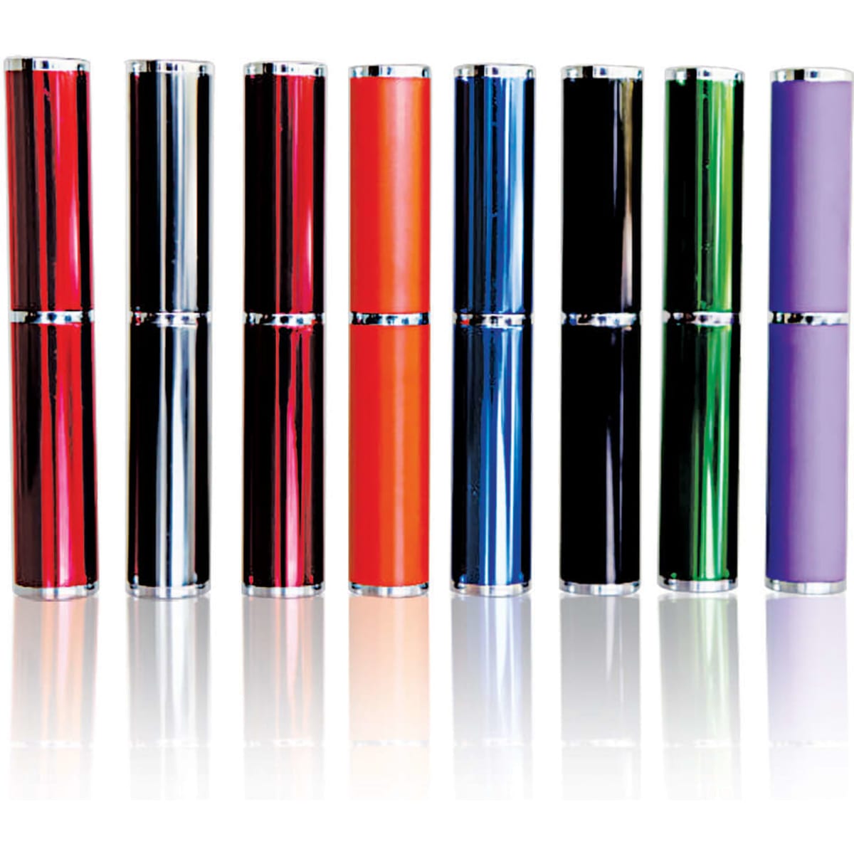 A set of eight cylindrical pen tubes in various colours including red, black, green, purple, and blue, with silver accents.