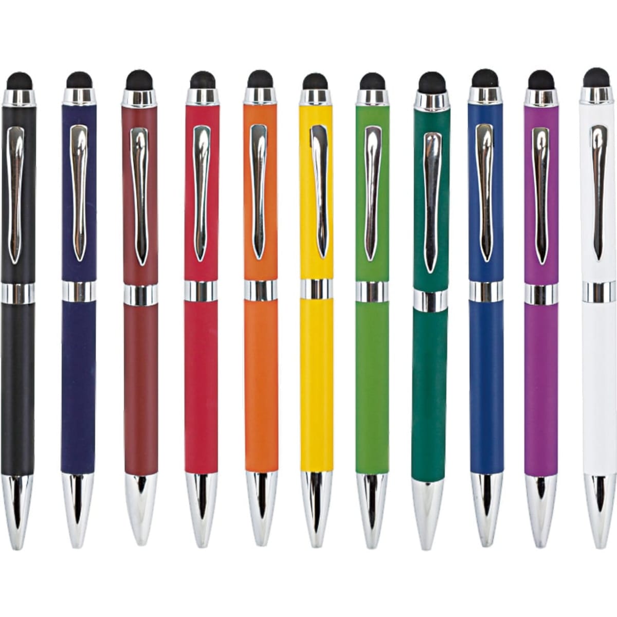 A variety of metal pens in different colours including black, red, orange, yellow, green, blue, and white, featuring logo branding.