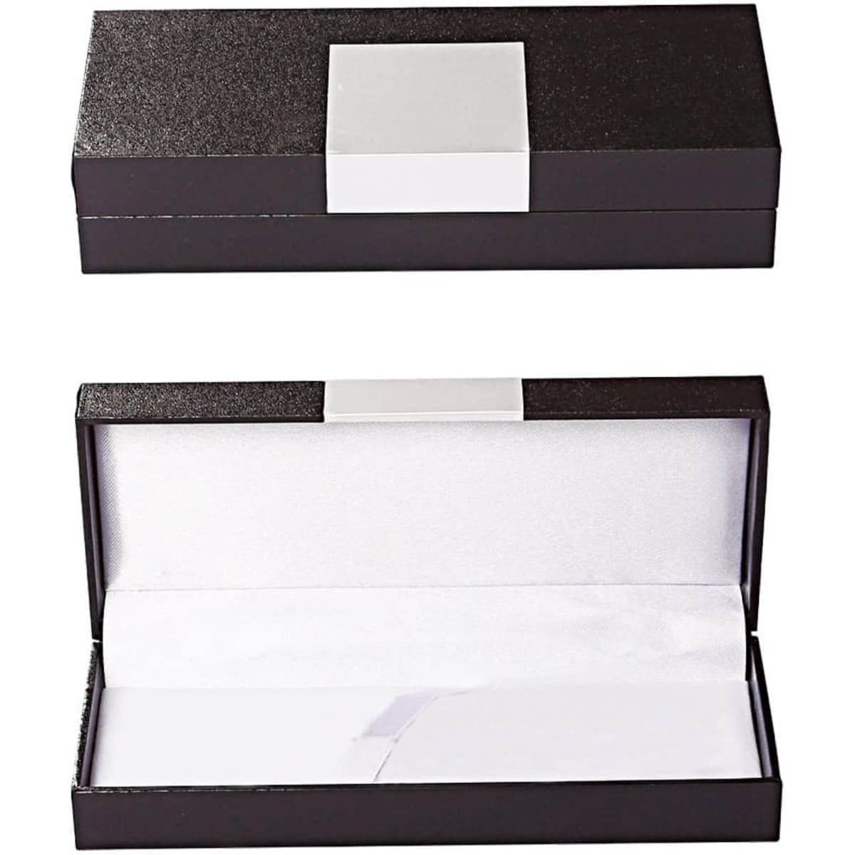 A black pen packaging box with a smooth exterior and a white interior lining. It has a plain white label on top.