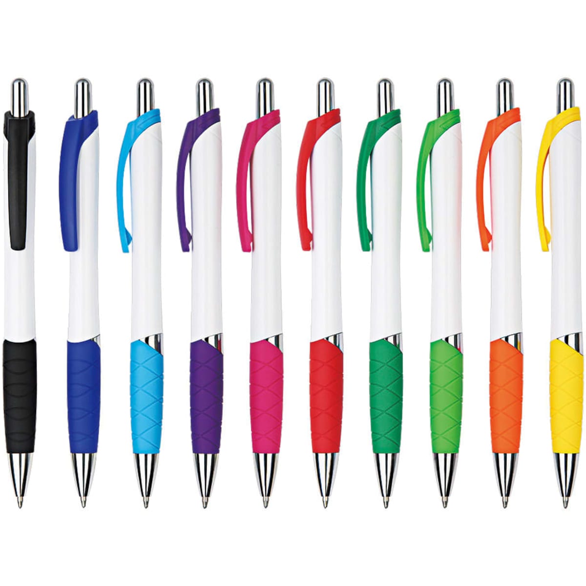 A collection of plastic pens in various colours, featuring a white barrel and textured grips in black, purple, red, green, and yellow.