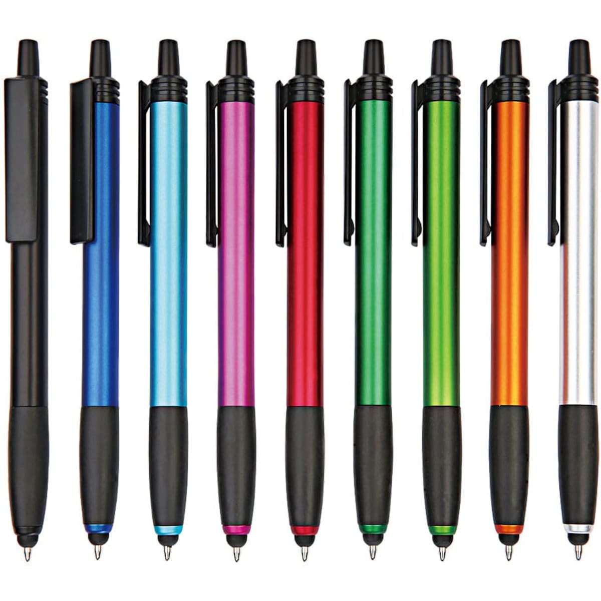A collection of stylus pens in blue, pink, red, green, orange, black, and silver, featuring a logo on the barrel.