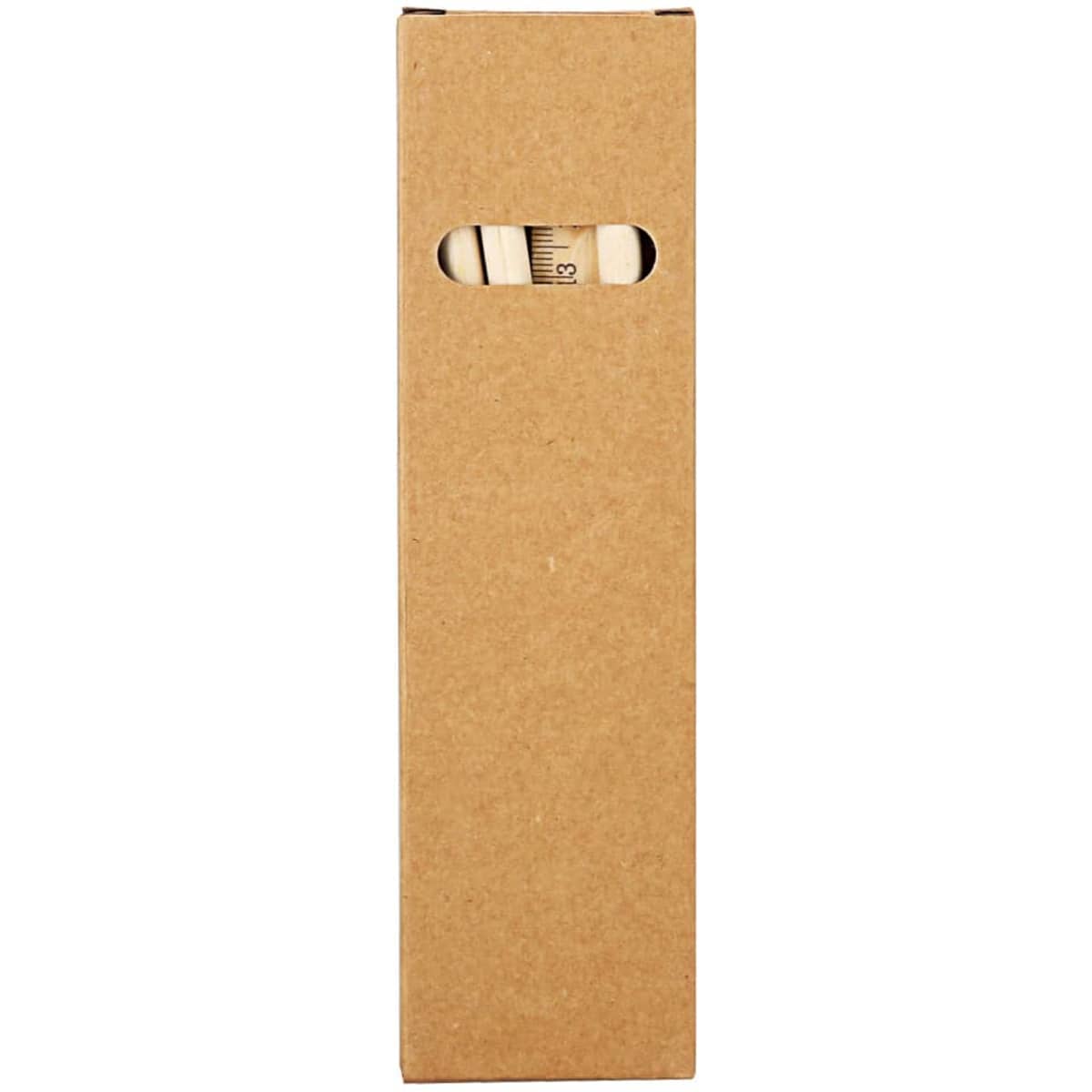 A box containing multiple grey-lead pencils is visible, with a peek-through opening showing part of the pencils inside.