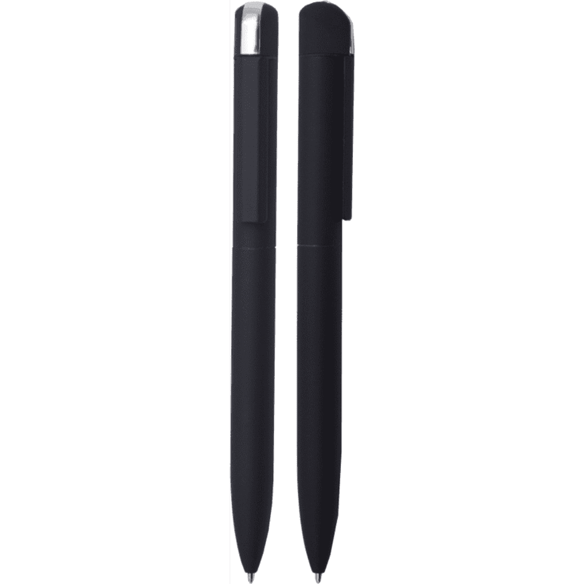 A pair of black metal pens with a sleek design, featuring a clip and a shiny cap. One pen has a contrasting silver tip.
