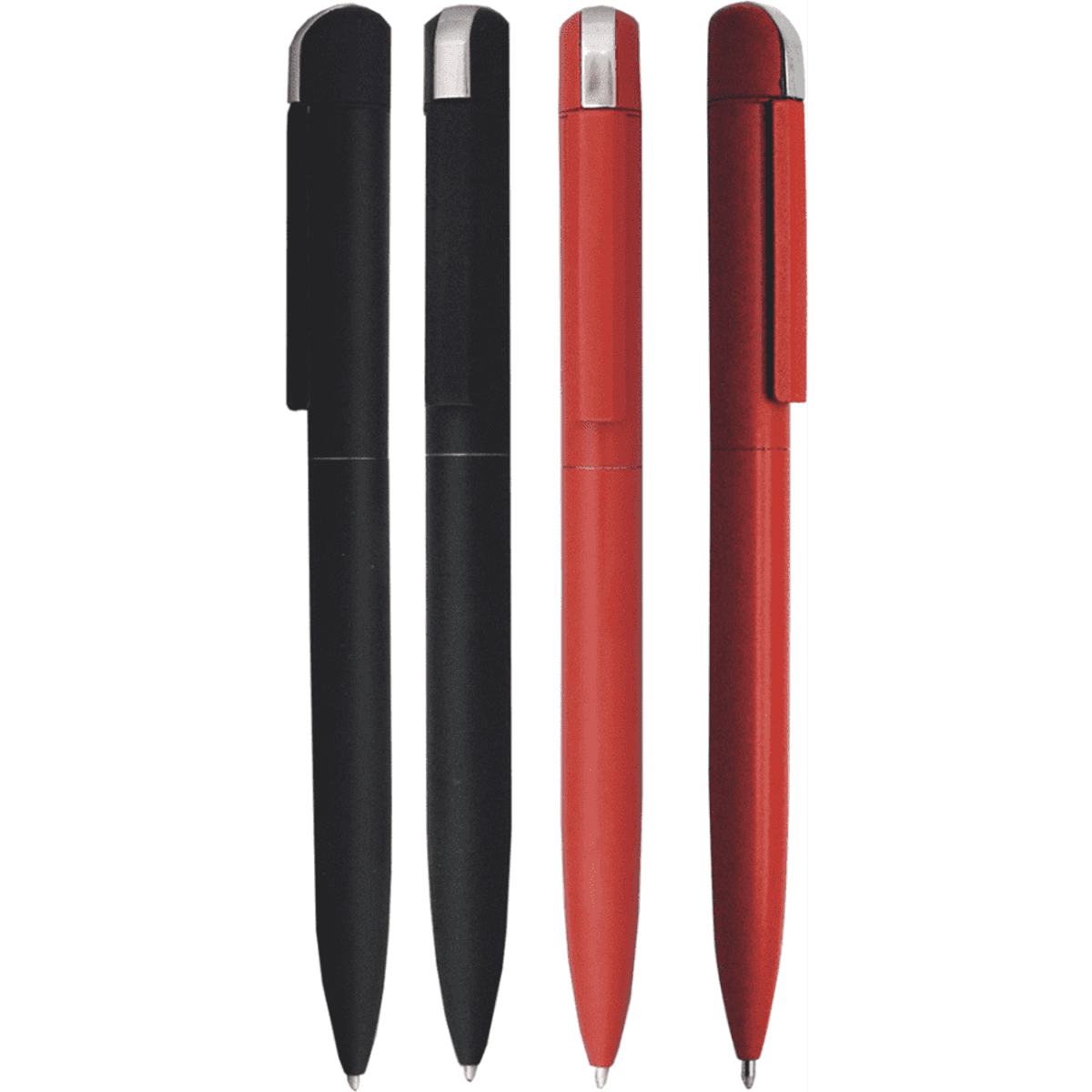 Four metal pens in black and red, featuring a sleek design with silver accents and clips. One pen has a black finish, while the others are red.