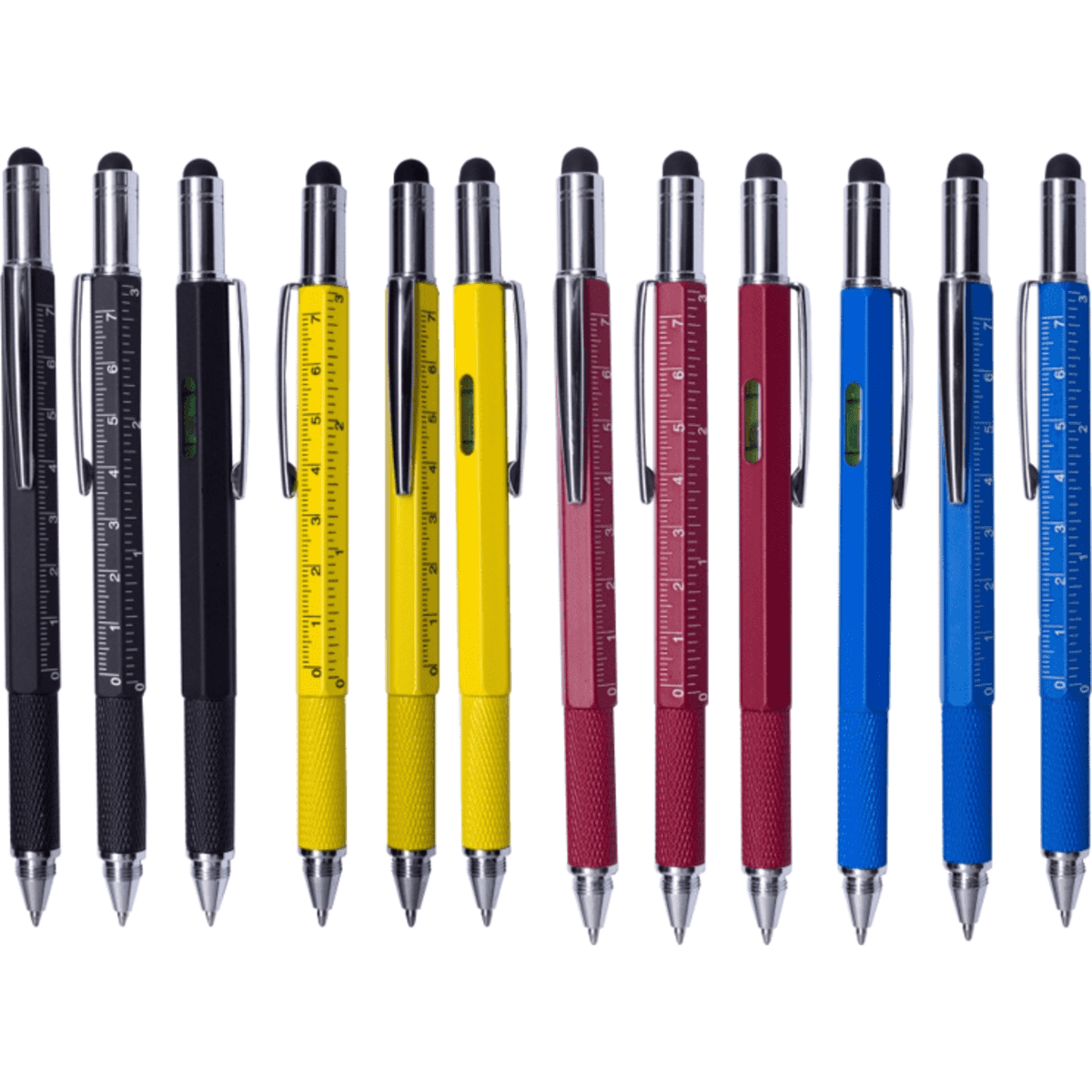 A collection of metal pens in black, yellow, red, and blue, featuring rulers and a level. Each has a shiny finish and a logo.