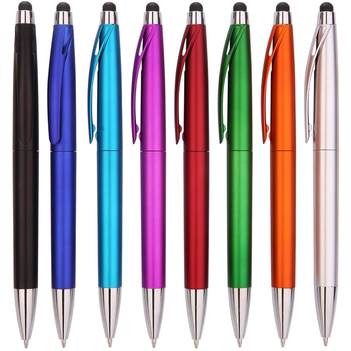 A collection of stylus pens in black, blue, cyan, pink, red, green, orange, and silver, featuring various designs and finishes.