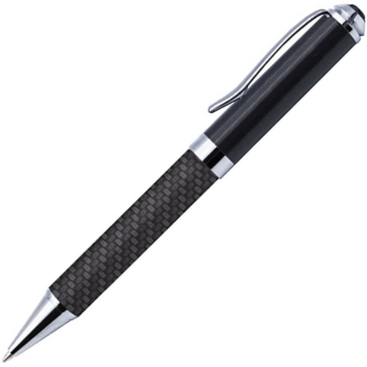 A black pen with a textured grip and silver accents, featuring a sleek design and a clip for attachment.
