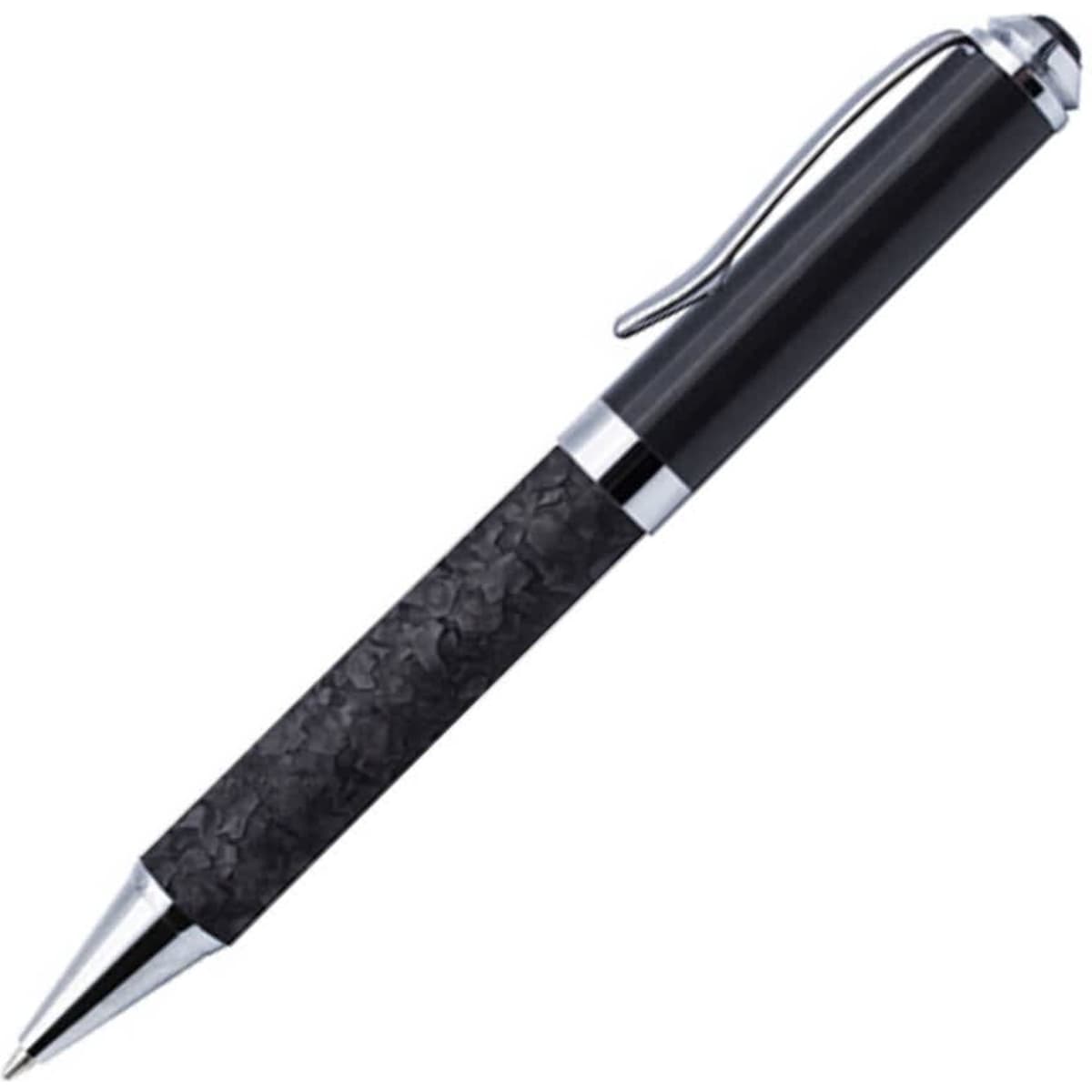 A black pen with a textured grip and chrome accents, featuring a clip and sleek design.