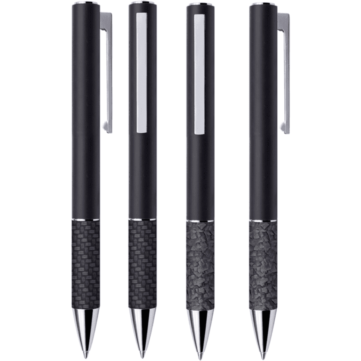 A set of four metal pens in black with textured grips, featuring clips and shiny silver accents. Each pen has a logo.