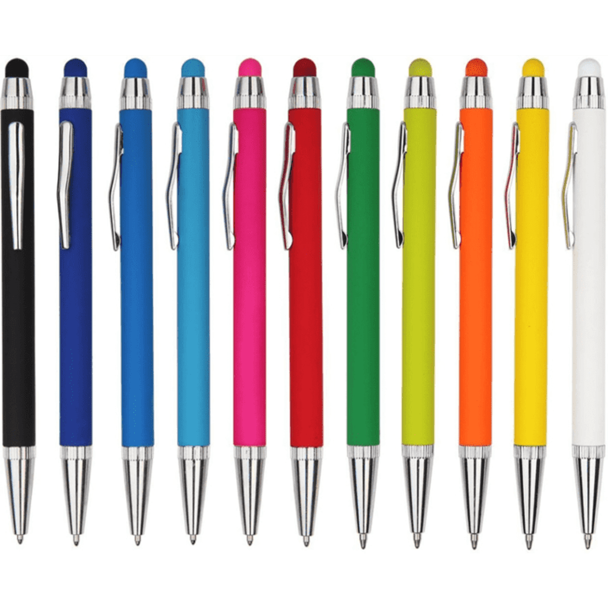 A collection of metal pens in various colours including black, blue, pink, green, orange, and white, with chrome accents.