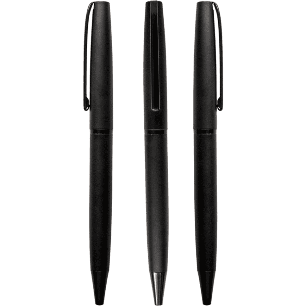 Three black metal pens are displayed, featuring a sleek design and clips for practicality. They have a logo on one side.