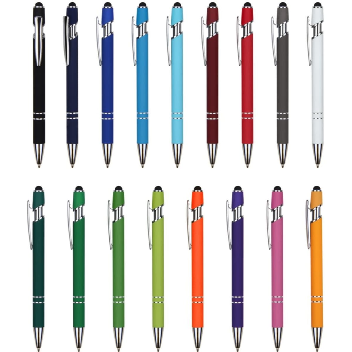 A collection of Halo pen stylus aluminium pens in various colours, featuring a sleek design and a branding logo.
