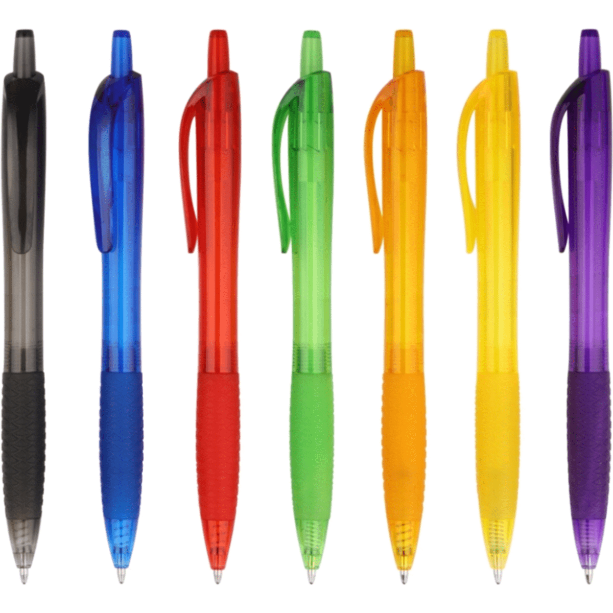 A set of Flare pens in black, blue, red, green, orange, and yellow, featuring a textured grip and click mechanism.