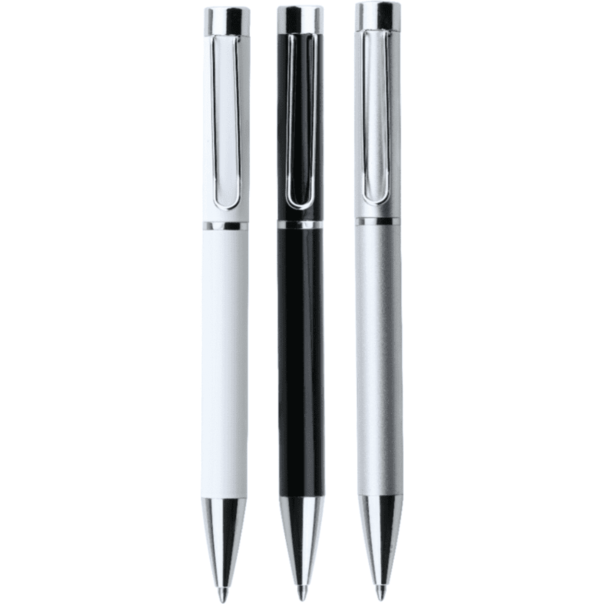 A set of three metal pens in white, black, and silver, each featuring a clip and a shiny chrome tip.