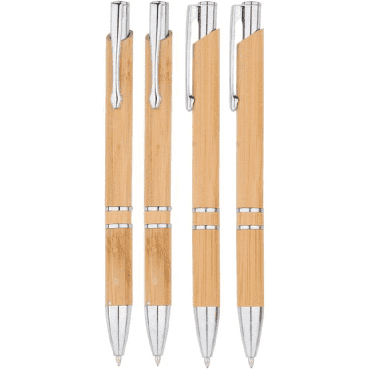 A set of four wooden pens in light bamboo with silver accents, featuring a logo on each pen.