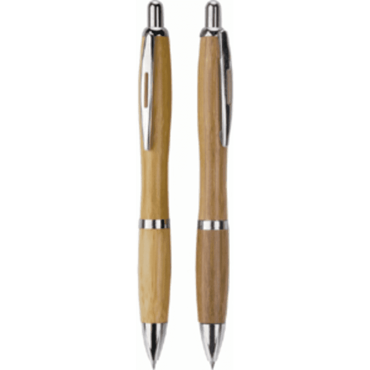 Two metal pens with bamboo barrels and chrome accents, featuring a logo on one side.