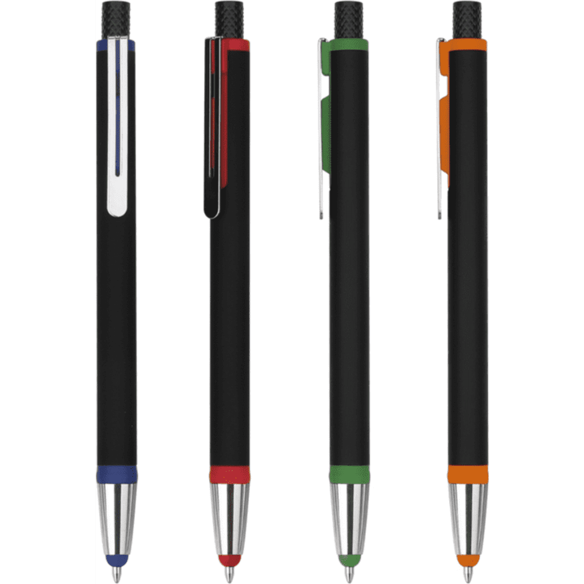 Four sleek stylus pens in black, featuring coloured accents in blue, red, green, and orange, with chrome details.