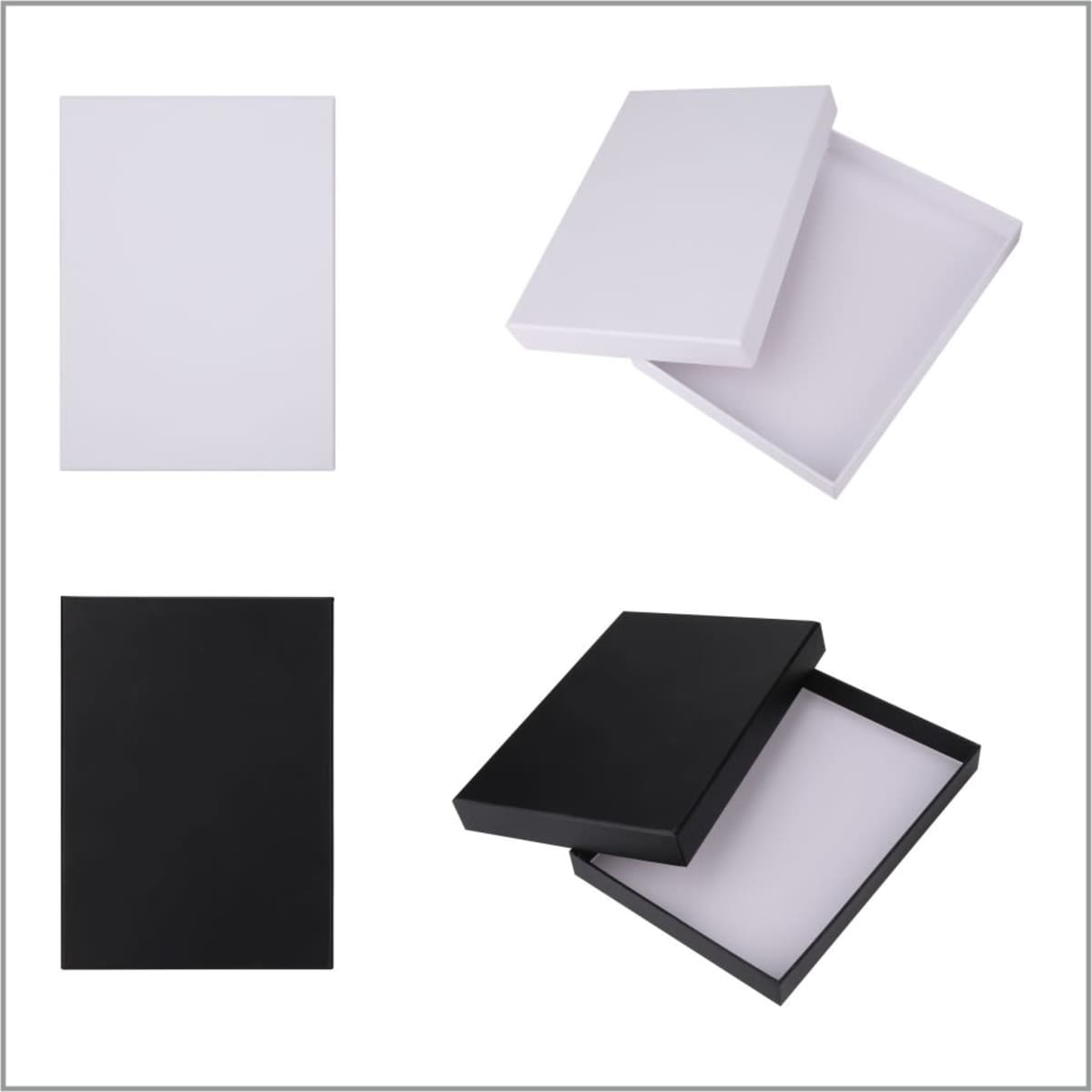 A set of four gift boxes in white and black, featuring both open and closed views. Each box has a simple design.