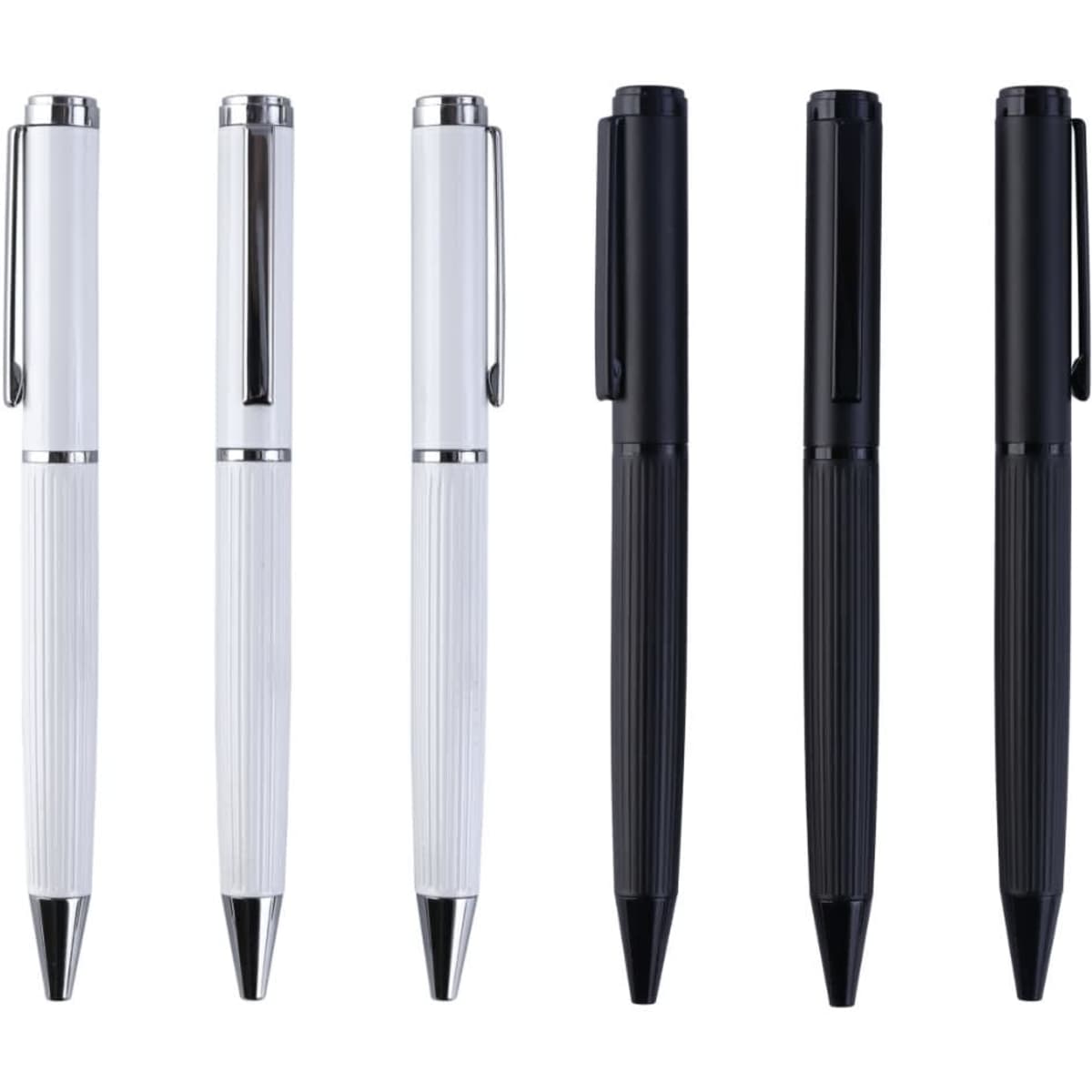 A set of pens in white and black, featuring sleek metal designs and clips. Each has a shiny finish and a logo.