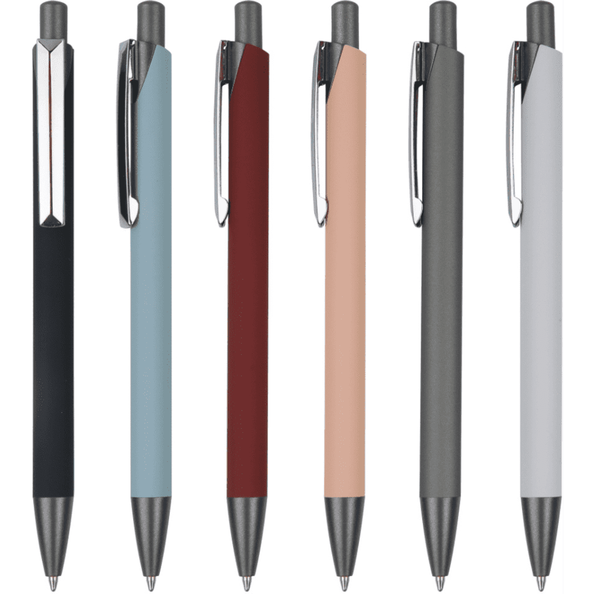 A collection of six metal pens in black, light blue, burgundy, pale pink, grey, and white, each featuring a logo.