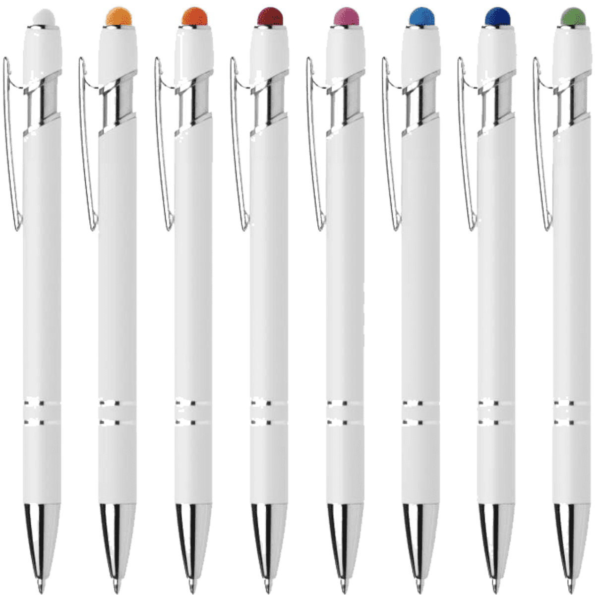 A collection of white metal pens with coloured tips, displayed in a row. Each pen features a clip and branding.